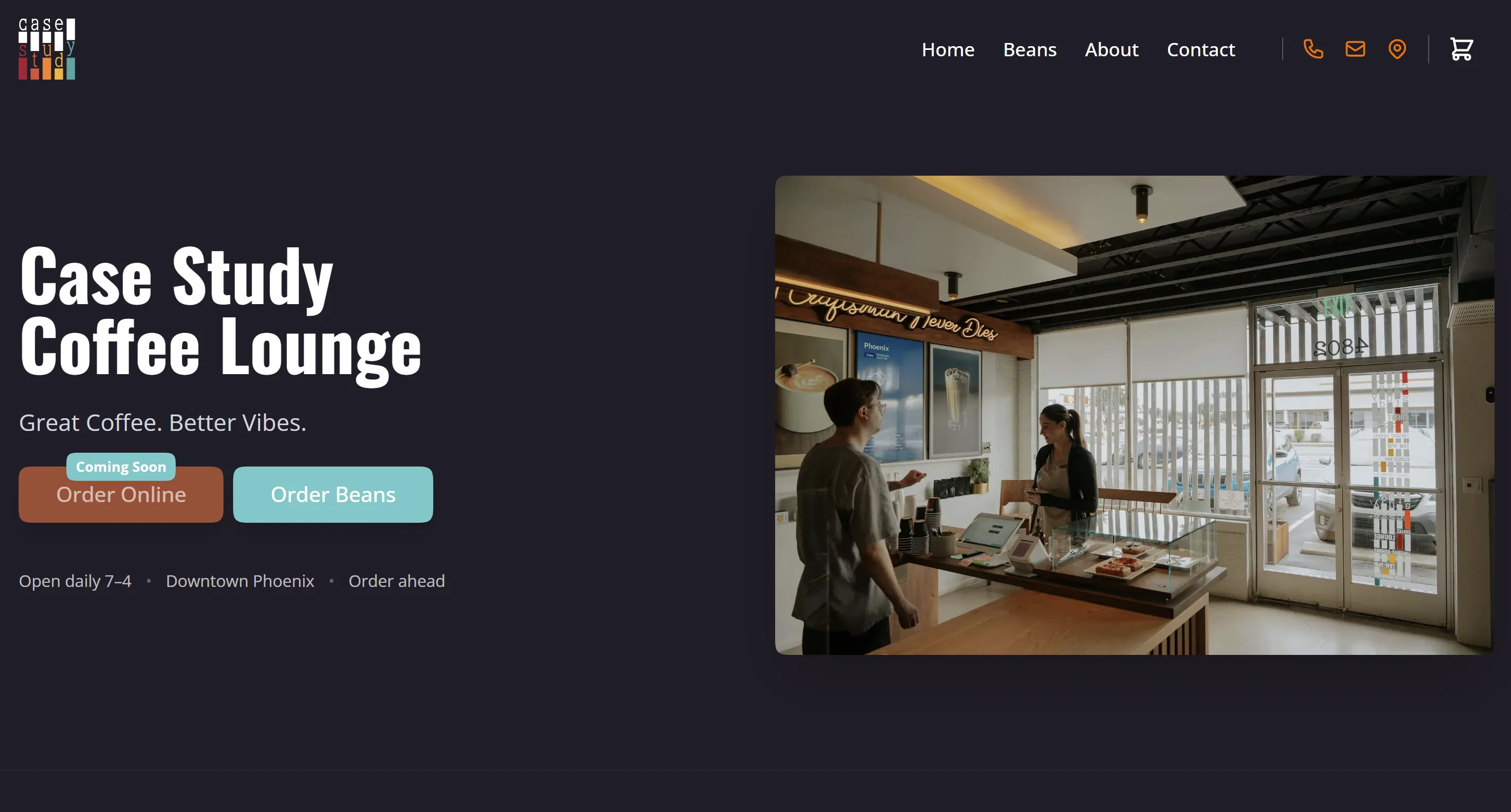 Case Study Coffee Lounge homepage with William's photography