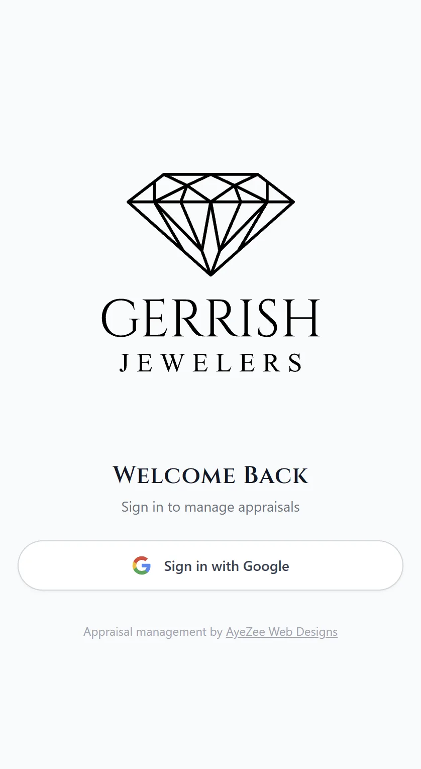 Gerrish Jewelers appraisal tool login screen