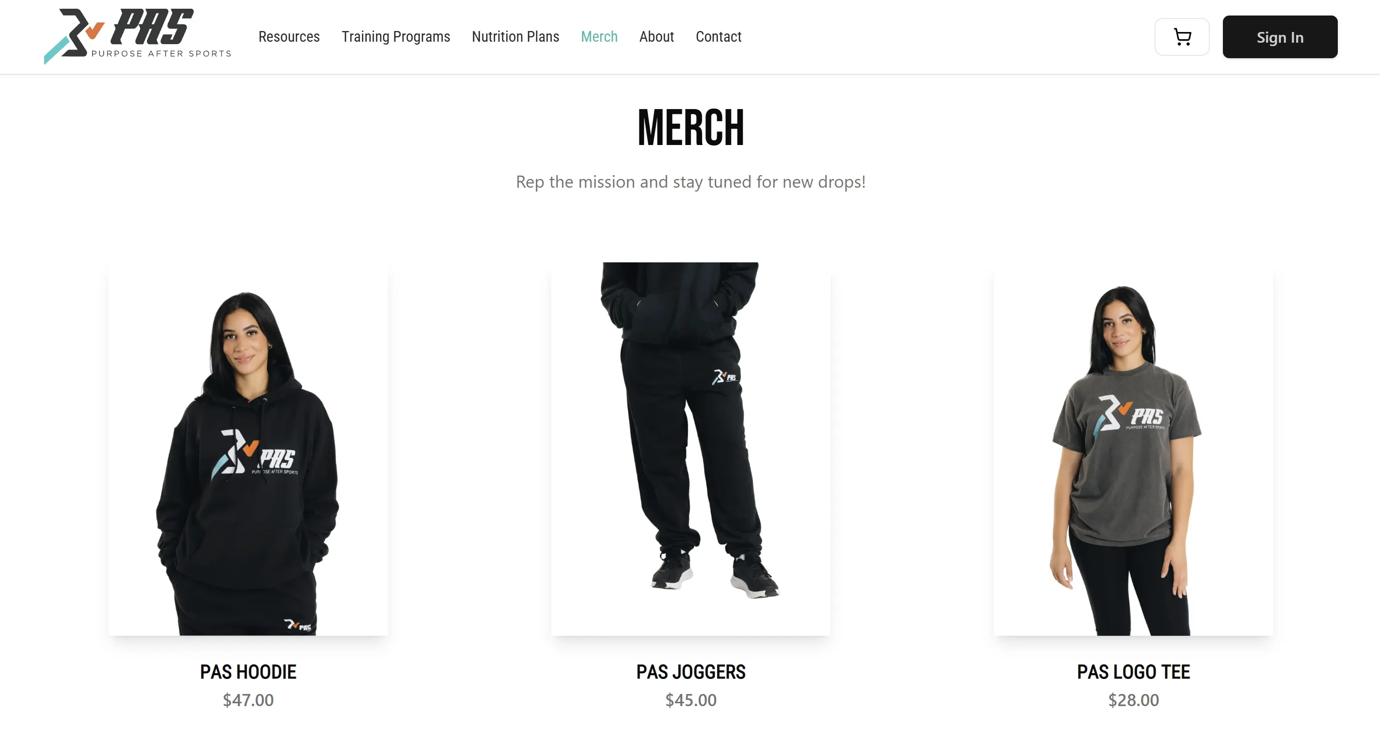 Purpose After Sports merch shop showing branded apparel