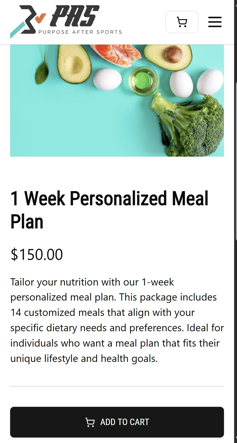 Purpose After Sports product detail page for a personalized meal plan