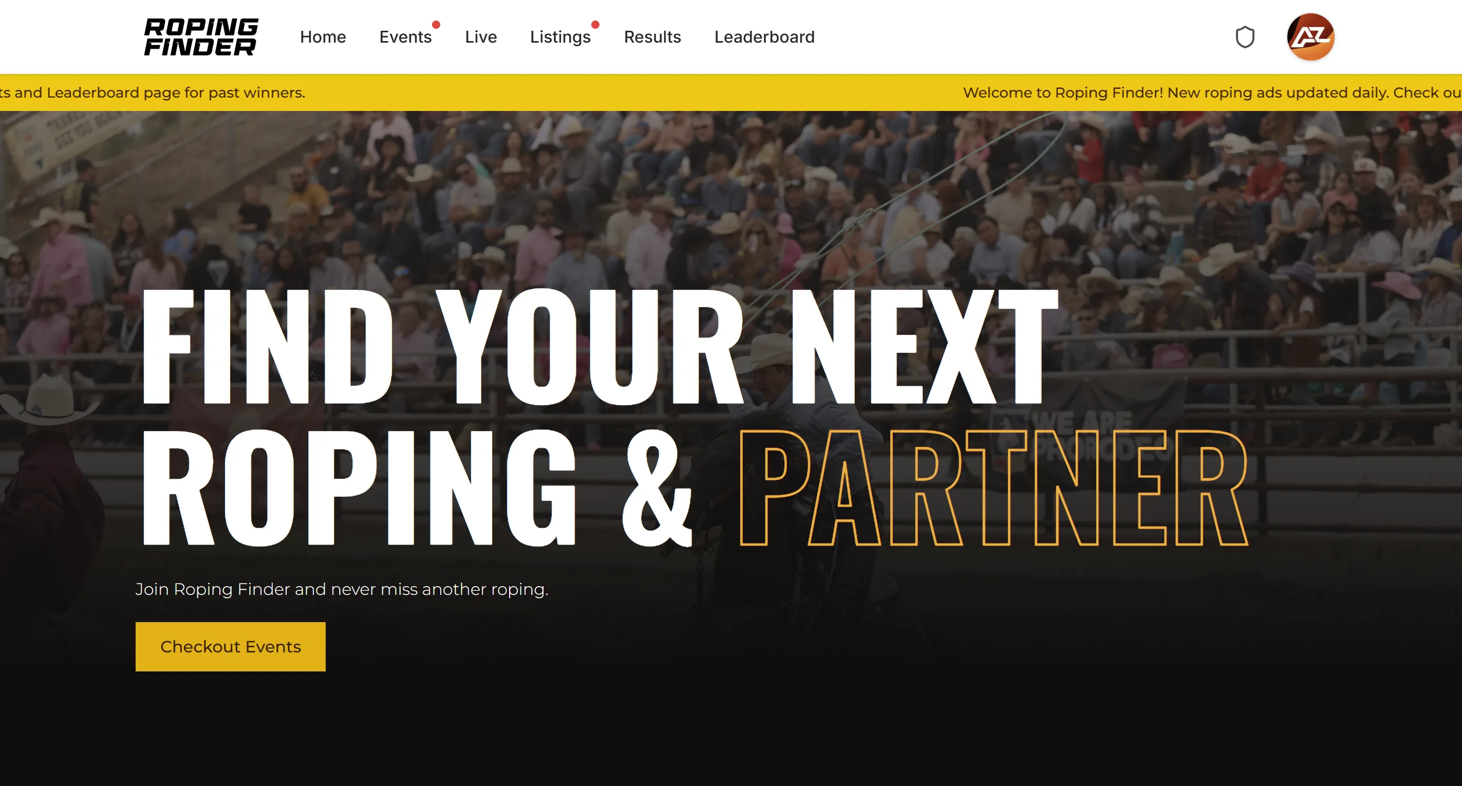 Roping Finder homepage with scrolling banner and event listings